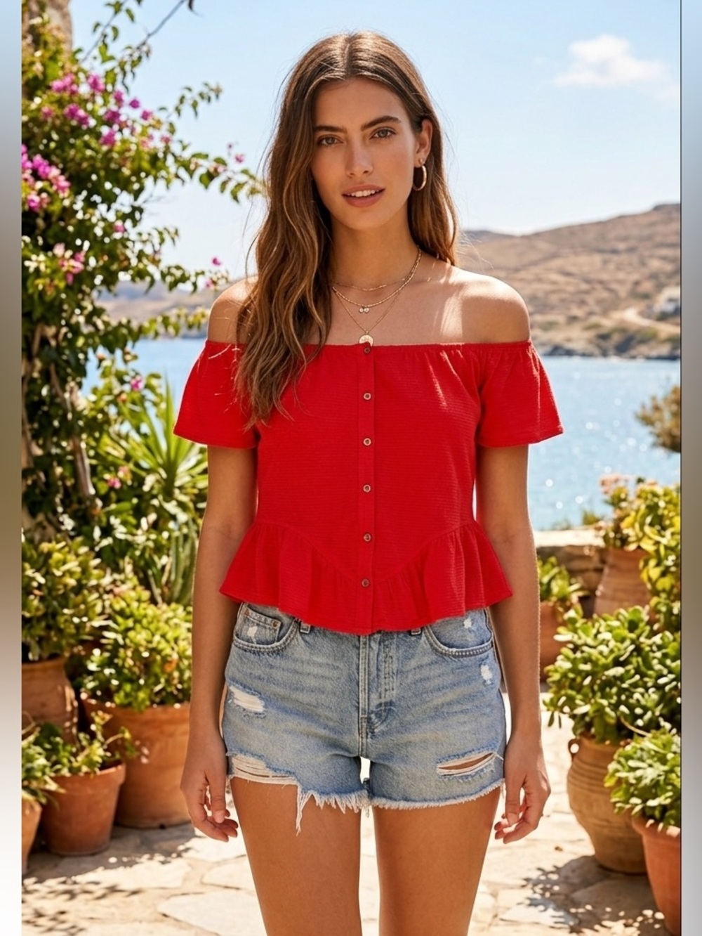 Other Fellow Red Short Sleeve Button-Front Peplum Top Canadian label
